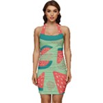 Watermelon Dots Summer Pattern Sleeveless Wide Square Neckline Ruched Bodycon Dress