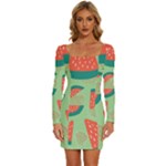 Watermelon Dots Summer Pattern Long Sleeve Square Neck Bodycon Velvet Dress