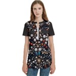 Pearls and stones Women s Zip Front V-Neck Short Sleeve Casual Top Pocket Shirt