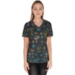 Whimsical Mushrooms pattern Women s V-Neck Scrub Top