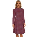 Brown Red Dot Pattern Long Sleeve Shirt Collar A-Line Dress