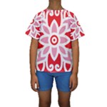 A Red And White Pattern With A Flower On It Kids  Short Sleeve Swimwear