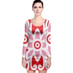 A Red And White Pattern With A Flower On It Long Sleeve Bodycon Dress