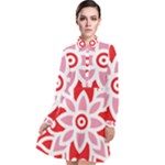 A Red And White Pattern With A Flower On It Long Sleeve Chiffon Shirt Dress