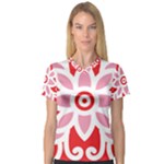 A Red And White Pattern With A Flower On It V-Neck Sport Mesh T-Shirt