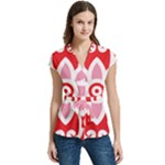 A Red And White Pattern With A Flower On It Women s Cap Sleeve Mandarin Collar Waist Tie Blouse