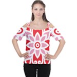 A Red And White Pattern With A Flower On It Cutout Shoulder T-Shirt