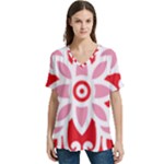 A Red And White Pattern With A Flower On It V-Neck Split Shoulder Casual T-Shirt