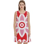 A Red And White Pattern With A Flower On It Round Neck Sleeve Casual Dress With Pockets