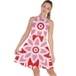 A Red And White Pattern With A Flower On It Sleeveless Halter Neck A-Line Dress