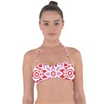 A Red And White Pattern With A Flower On It Tie Back Bikini Top