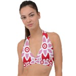 A Red And White Pattern With A Flower On It Halter Plunge Bikini Top