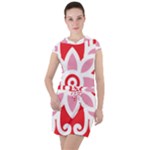 A Red And White Pattern With A Flower On It Drawstring Hooded Dress