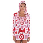 A Red And White Pattern With A Flower On It Long Sleeve Hooded T-shirt