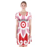 A Red And White Pattern With A Flower On It Short Sleeve V-neck Flare Dress