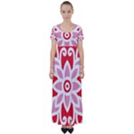 A Red And White Pattern With A Flower On It High Waist Short Sleeve Maxi Dress