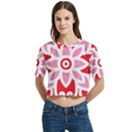 A Red And White Pattern With A Flower On It Women s Round Neck Short Sleeve Crop Top