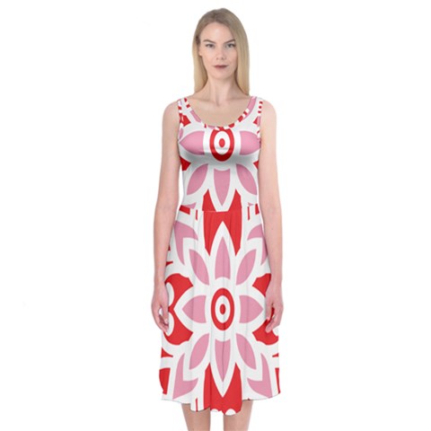 A Red And White Pattern With A Flower On It Midi Sleeveless Dress from ArtsNow.com