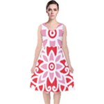 A Red And White Pattern With A Flower On It V-Neck Midi Sleeveless Dress 