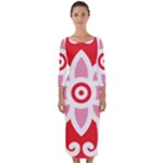 A Red And White Pattern With A Flower On It Quarter Sleeve Midi Bodycon Dress