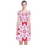 A Red And White Pattern With A Flower On It Short Sleeve Front Wrap Dress