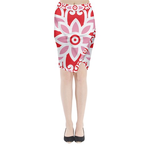 A Red And White Pattern With A Flower On It Midi Wrap Pencil Skirt from ArtsNow.com