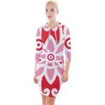 A Red And White Pattern With A Flower On It Quarter Sleeve Hood Bodycon Dress