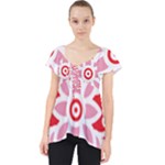 A Red And White Pattern With A Flower On It Lace Front Dolly Top