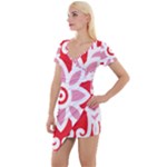 A Red And White Pattern With A Flower On It Short Sleeve Asymmetric Mini Dress