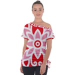 A Red And White Pattern With A Flower On It Off Shoulder Tie-Up T-Shirt