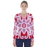 A Red And White Pattern With A Flower On It V-Neck Long Sleeve Top