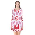 A Red And White Pattern With A Flower On It Long Sleeve V-neck Flare Dress