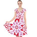 A Red And White Pattern With A Flower On It Cap Sleeve Front Wrap Midi Dress