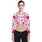 A Red And White Pattern With A Flower On It Long Sleeve Zip Up Bomber Jacket