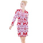 A Red And White Pattern With A Flower On It Button Long Sleeve Dress