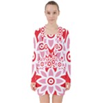 A Red And White Pattern With A Flower On It V-neck Bodycon Long Sleeve Dress