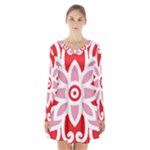 A Red And White Pattern With A Flower On It Long Sleeve Velvet V-neck Dress