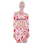 A Red And White Pattern With A Flower On It Off Shoulder Top with Mini Skirt Set