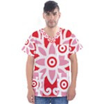 A Red And White Pattern With A Flower On It Men s V-Neck Scrub Top