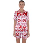 A Red And White Pattern With A Flower On It Satin Short Sleeve Pajamas Set