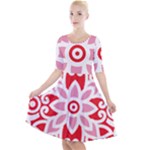 A Red And White Pattern With A Flower On It Quarter Sleeve A-Line Dress