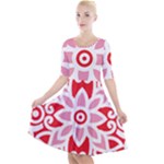 A Red And White Pattern With A Flower On It Quarter Sleeve A-Line Dress With Pockets