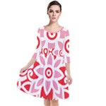 A Red And White Pattern With A Flower On It Quarter Sleeve Waist Band Dress