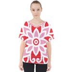 A Red And White Pattern With A Flower On It V-Neck Dolman Drape Top