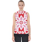 A Red And White Pattern With A Flower On It Mock Neck Shell Top