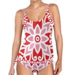 A Red And White Pattern With A Flower On It Tankini Set