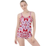 A Red And White Pattern With A Flower On It Boyleg Tankini Set 