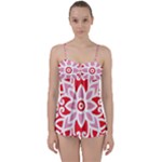 A Red And White Pattern With A Flower On It Babydoll Tankini Set