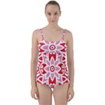 A Red And White Pattern With A Flower On It Twist Front Tankini Set