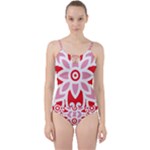 A Red And White Pattern With A Flower On It Cut Out Top Tankini Set